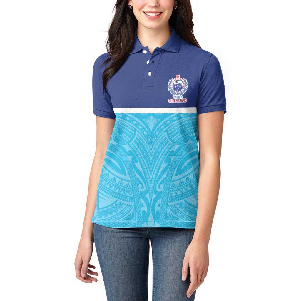Queensland Samoa Custom Women Polo Shirt Blue Pacific Polynesian Tribal Pattern