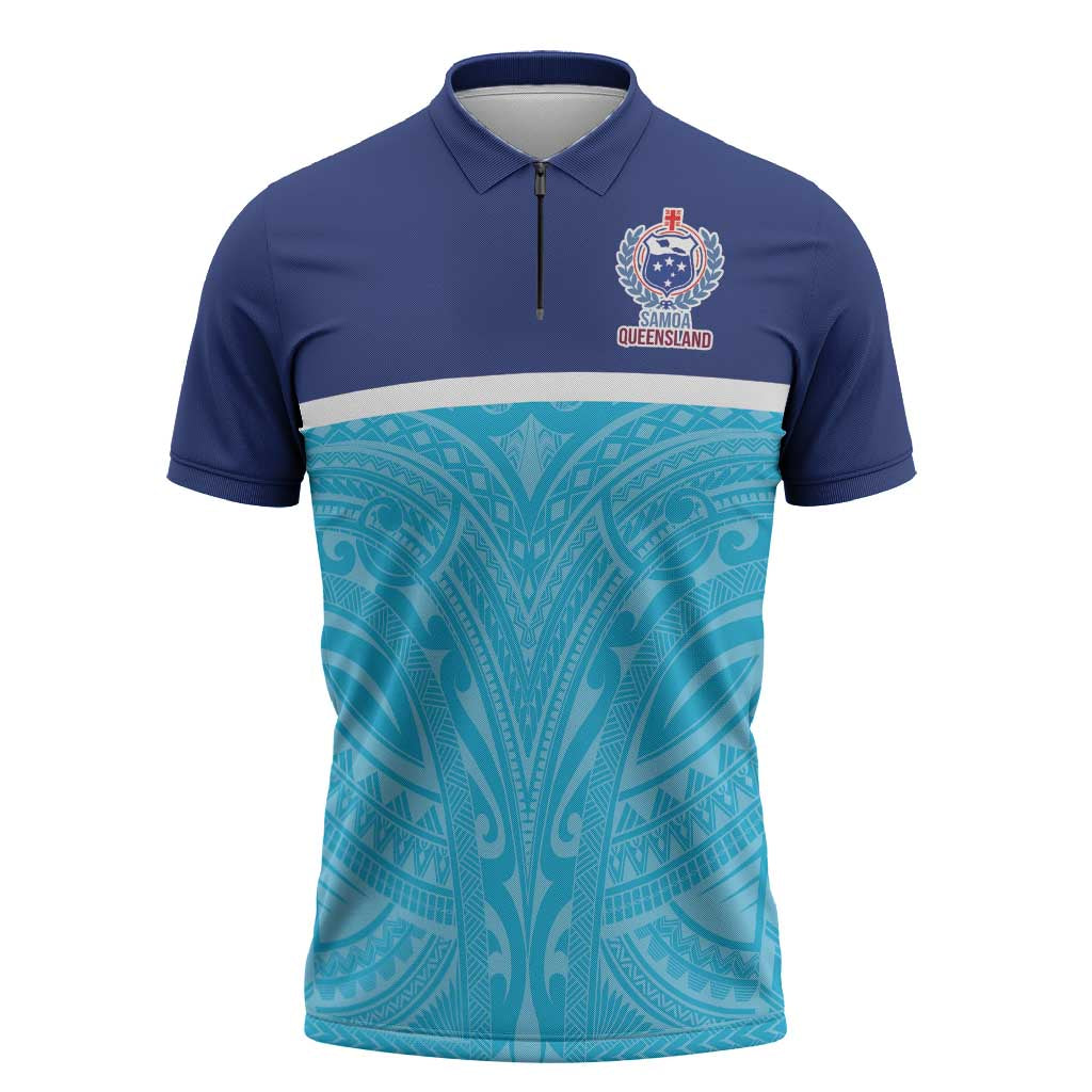 Queensland Samoa Custom Zipper Polo Shirt Blue Pacific Polynesian Tribal Pattern - Polynesian Pride