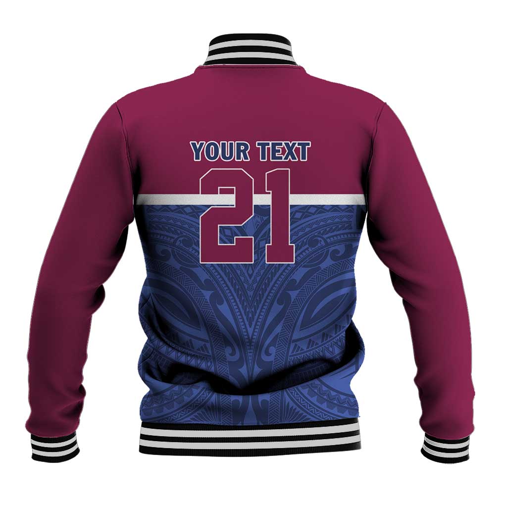 Queensland Samoa Custom Baseball Jacket Maroon-Blue Pacific Polynesian Tribal Pattern