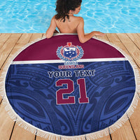 Queensland Samoa Custom Beach Blanket Maroon-Blue Pacific Polynesian Tribal Pattern