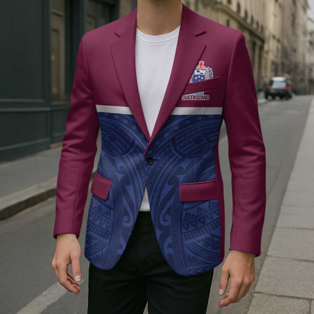 Queensland Samoa Custom Blazer Maroon-Blue Pacific Polynesian Tribal Pattern - Polynesian Pride