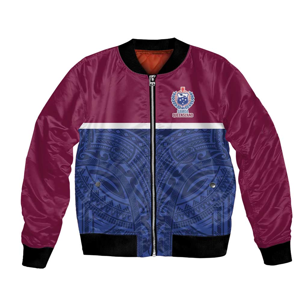 Queensland Samoa Custom Bomber Jacket Maroon-Blue Pacific Polynesian Tribal Pattern LT9 Unisex Dark Blue - Polynesian Pride