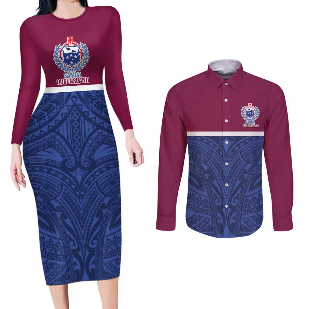 Queensland Samoa Custom Couples Matching Long Sleeve Bodycon Dress and Long Sleeve Button Shirt Maroon-Blue Pacific Polynesian Tribal Pattern LT9 Dark Blue - Polynesian Pride