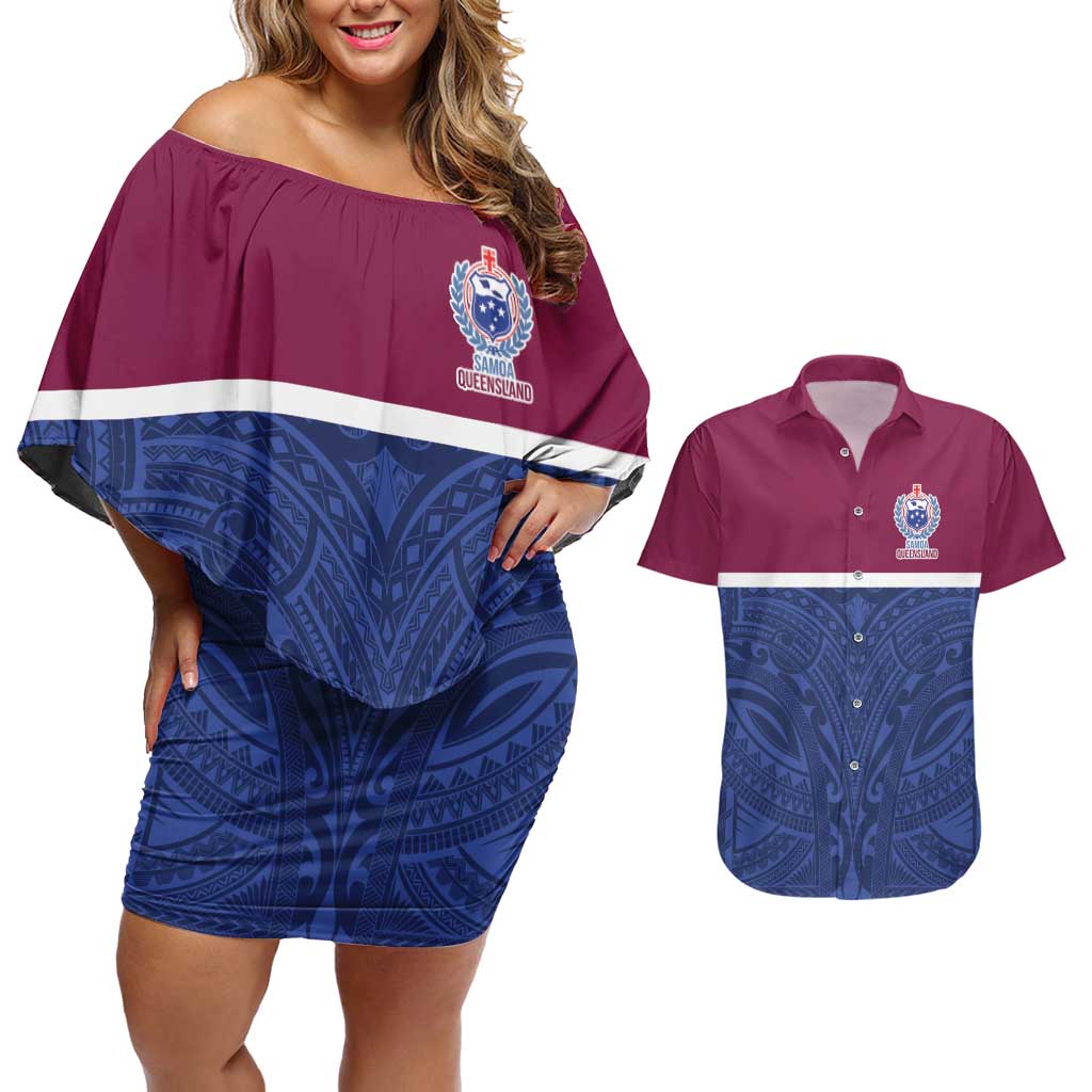 Queensland Samoa Custom Couples Matching Off Shoulder Short Dress and Hawaiian Shirt Maroon-Blue Pacific Polynesian Tribal Pattern LT9 Dark Blue - Polynesian Pride