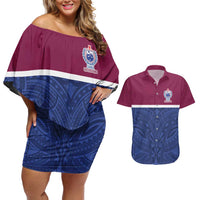 Queensland Samoa Custom Couples Matching Off Shoulder Short Dress and Hawaiian Shirt Maroon-Blue Pacific Polynesian Tribal Pattern