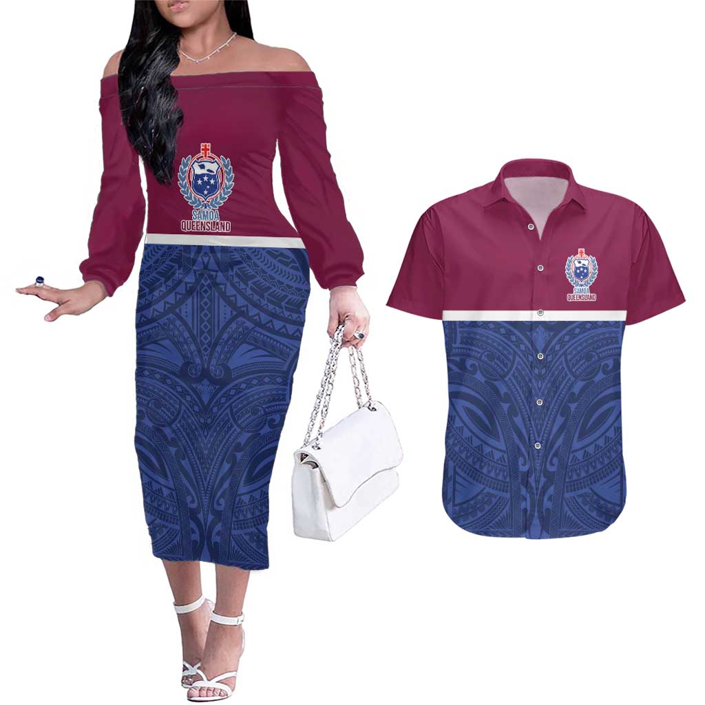 Queensland Samoa Custom Couples Matching Off The Shoulder Long Sleeve Dress and Hawaiian Shirt Maroon-Blue Pacific Polynesian Tribal Pattern