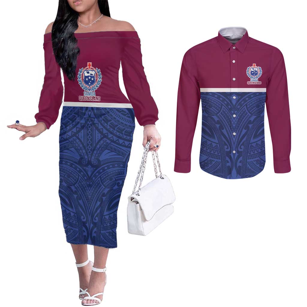 Queensland Samoa Custom Couples Matching Off The Shoulder Long Sleeve Dress and Long Sleeve Button Shirt Maroon-Blue Pacific Polynesian Tribal Pattern LT9 Dark Blue - Polynesian Pride