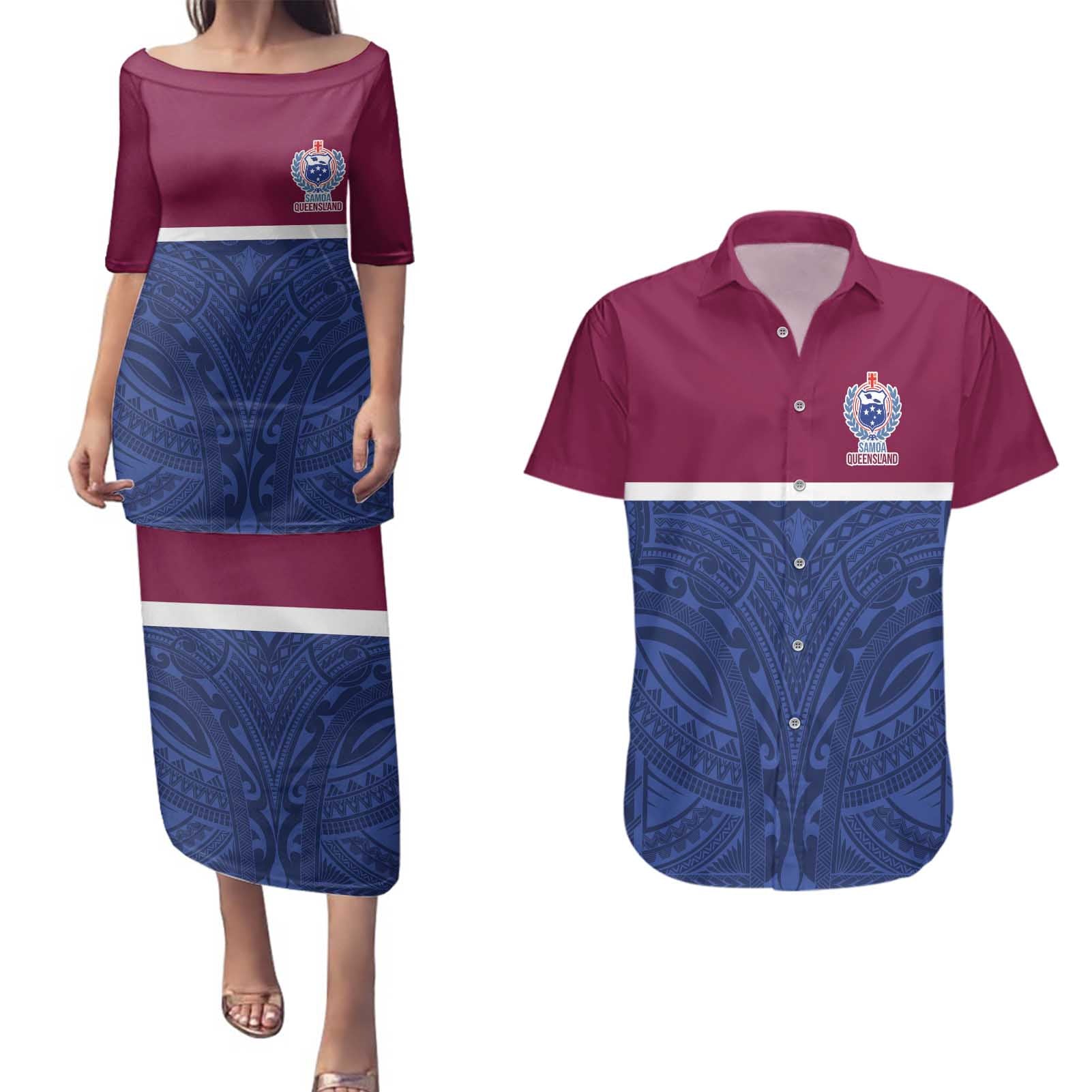 Queensland Samoa Custom Couples Matching Puletasi and Hawaiian Shirt Maroon-Blue Pacific Polynesian Tribal Pattern