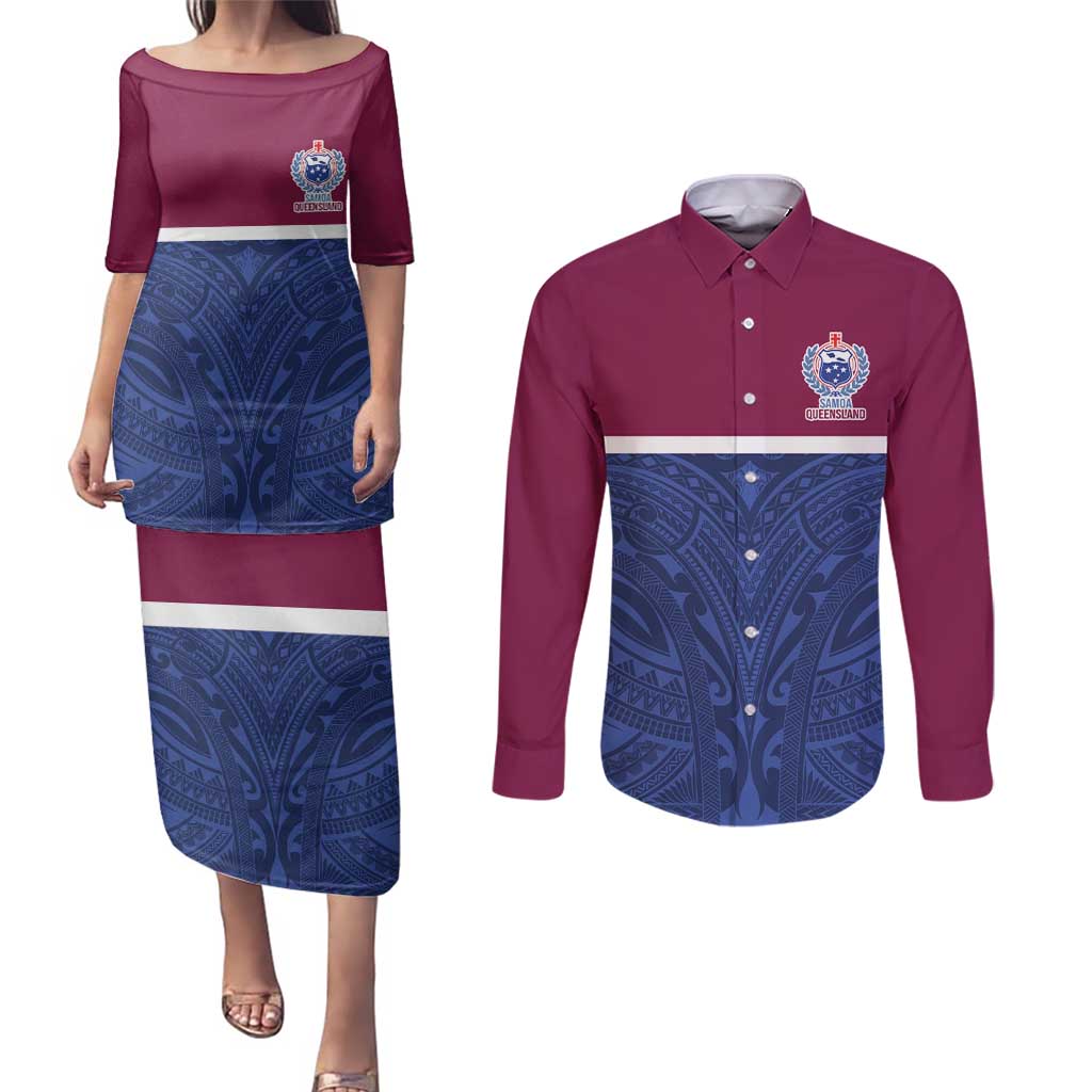 Queensland Samoa Custom Couples Matching Puletasi and Long Sleeve Button Shirt Maroon-Blue Pacific Polynesian Tribal Pattern LT9 Dark Blue - Polynesian Pride