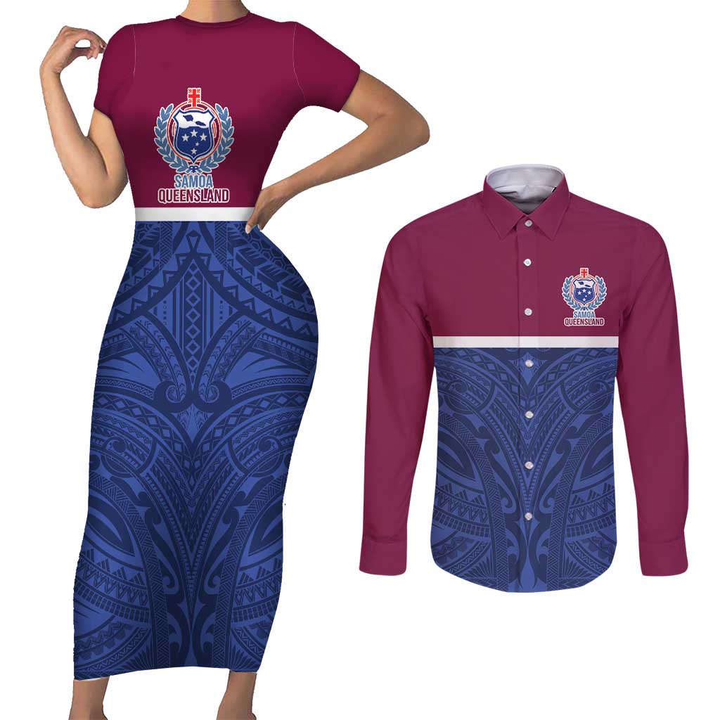 Queensland Samoa Custom Couples Matching Short Sleeve Bodycon Dress and Long Sleeve Button Shirt Maroon-Blue Pacific Polynesian Tribal Pattern LT9 Dark Blue - Polynesian Pride