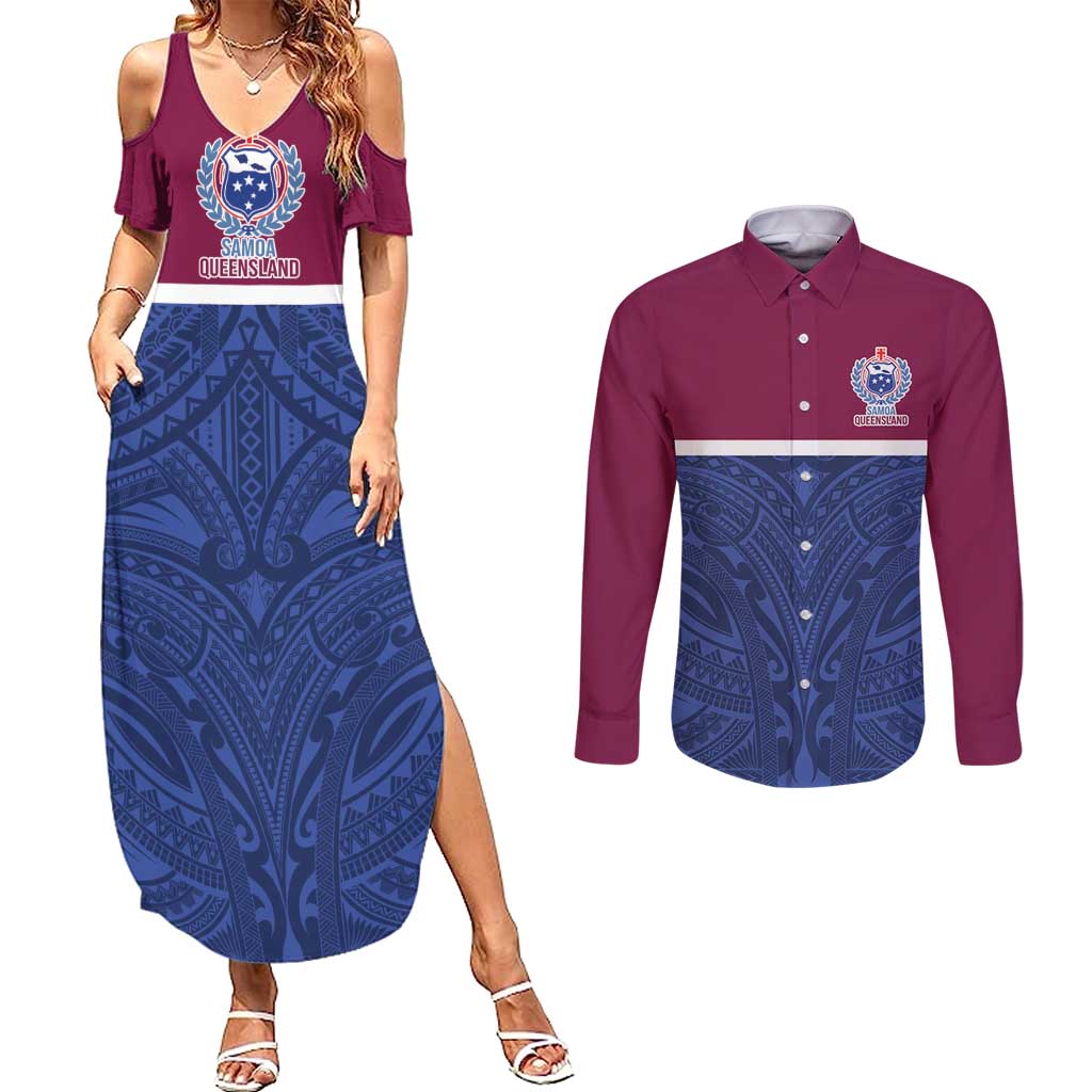 Queensland Samoa Custom Couples Matching Summer Maxi Dress and Long Sleeve Button Shirt Maroon-Blue Pacific Polynesian Tribal Pattern