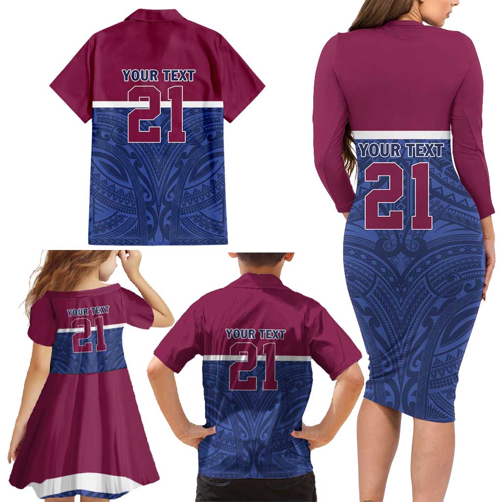 Queensland Samoa Custom Family Matching Long Sleeve Bodycon Dress and Hawaiian Shirt Maroon-Blue Pacific Polynesian Tribal Pattern