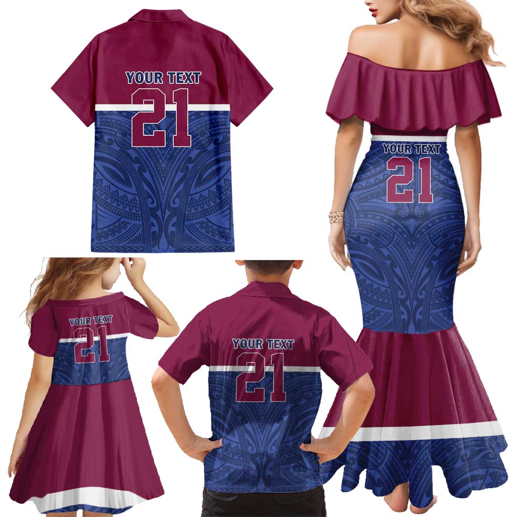 Queensland Samoa Custom Family Matching Mermaid Dress and Hawaiian Shirt Maroon-Blue Pacific Polynesian Tribal Pattern