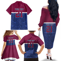 Queensland Samoa Custom Family Matching Off The Shoulder Long Sleeve Dress and Hawaiian Shirt Maroon-Blue Pacific Polynesian Tribal Pattern