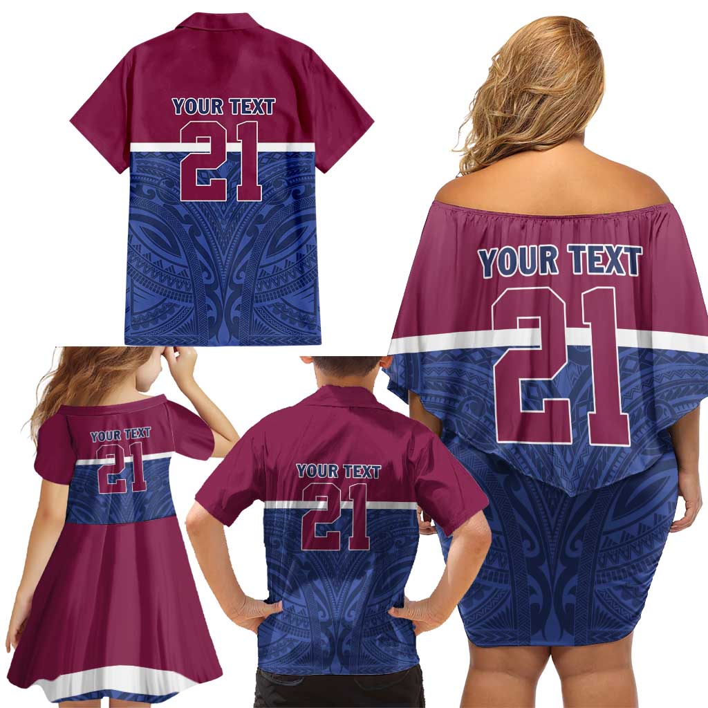 Queensland Samoa Custom Family Matching Off Shoulder Short Dress and Hawaiian Shirt Maroon-Blue Pacific Polynesian Tribal Pattern
