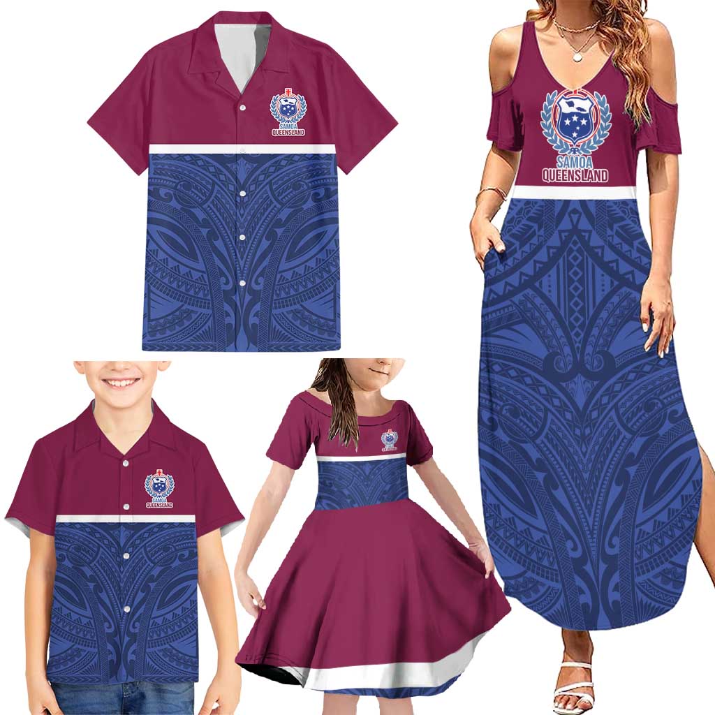 Queensland Samoa Custom Family Matching Summer Maxi Dress and Hawaiian Shirt Maroon-Blue Pacific Polynesian Tribal Pattern
