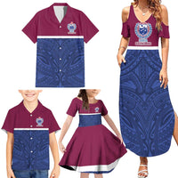 Queensland Samoa Custom Family Matching Summer Maxi Dress and Hawaiian Shirt Maroon-Blue Pacific Polynesian Tribal Pattern