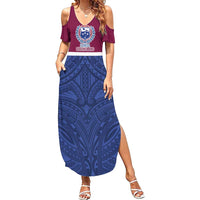 Queensland Samoa Custom Family Matching Summer Maxi Dress and Hawaiian Shirt Maroon-Blue Pacific Polynesian Tribal Pattern