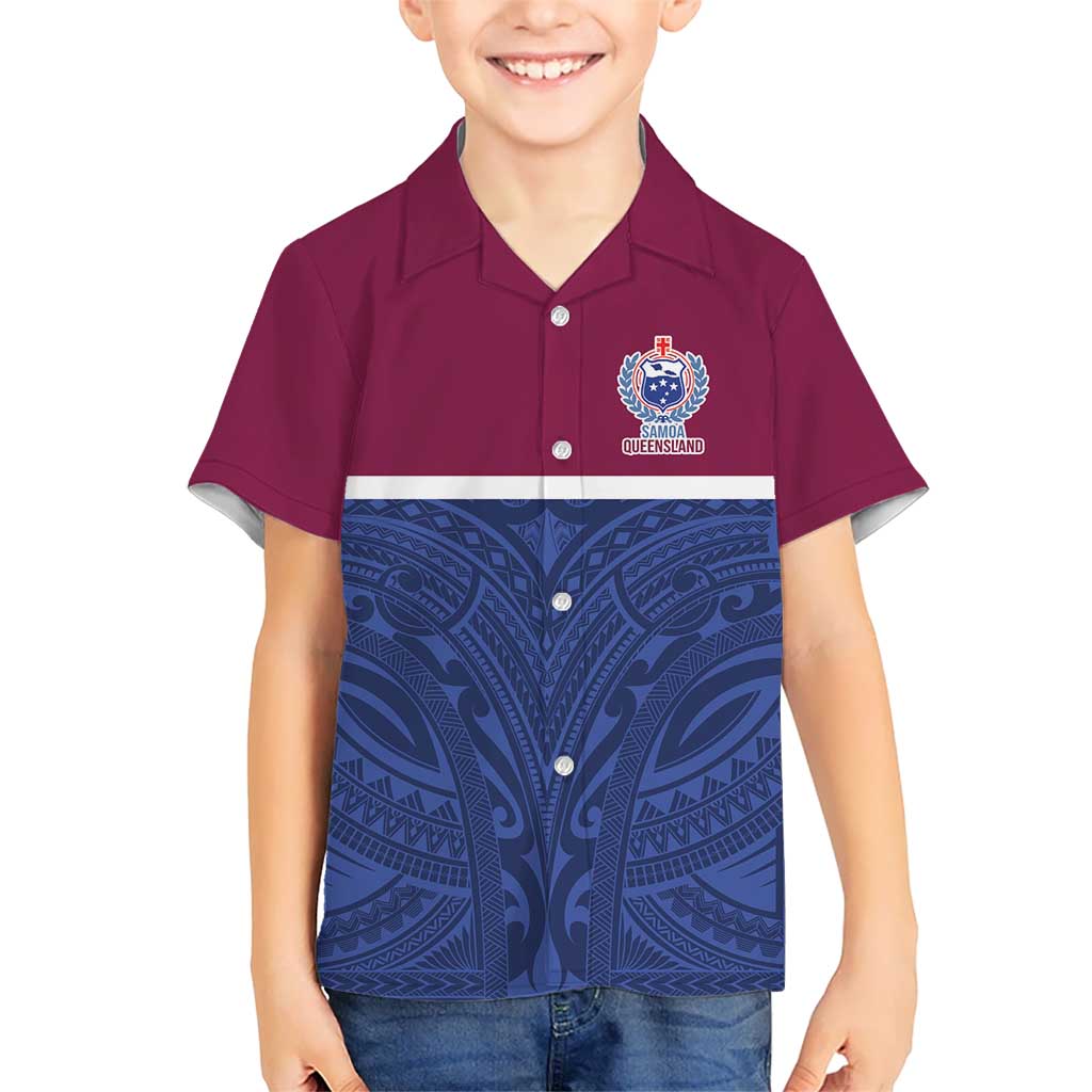 Queensland Samoa Custom Kid Hawaiian Shirt Maroon-Blue Pacific Polynesian Tribal Pattern LT9 Kid Dark Blue - Polynesian Pride