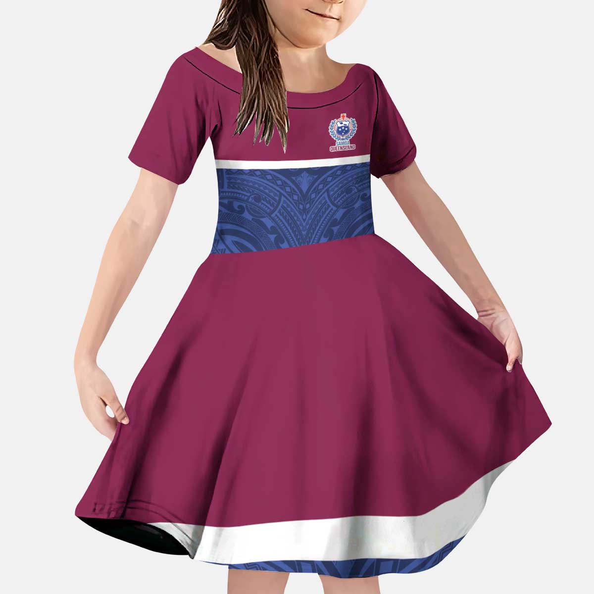 Queensland Samoa Custom Kid Short Sleeve Dress Maroon-Blue Pacific Polynesian Tribal Pattern
