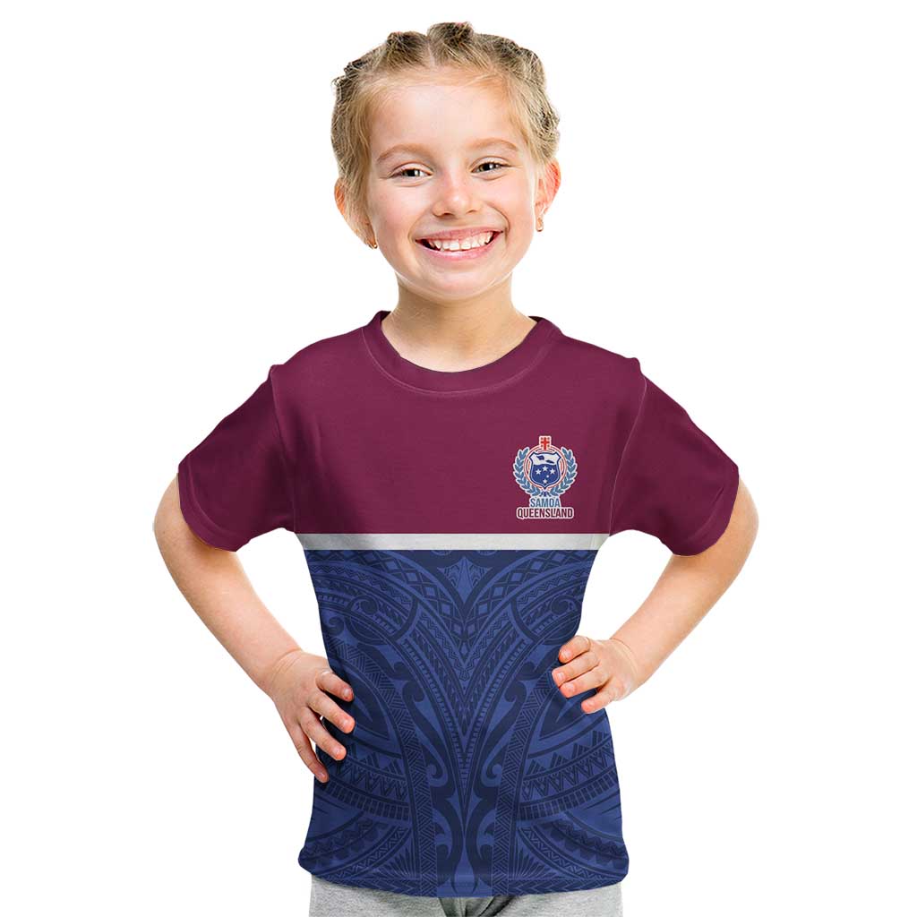Queensland Samoa Custom Kid T Shirt Maroon-Blue Pacific Polynesian Tribal Pattern LT9 Dark Blue - Polynesian Pride