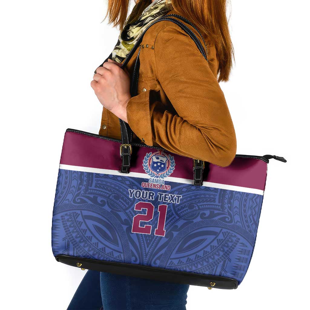 Queensland Samoa Custom Leather Tote Bag Maroon-Blue Pacific Polynesian Tribal Pattern LT9 Dark Blue - Polynesian Pride