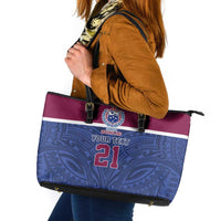 Queensland Samoa Custom Leather Tote Bag Maroon-Blue Pacific Polynesian Tribal Pattern LT9 Dark Blue - Polynesian Pride