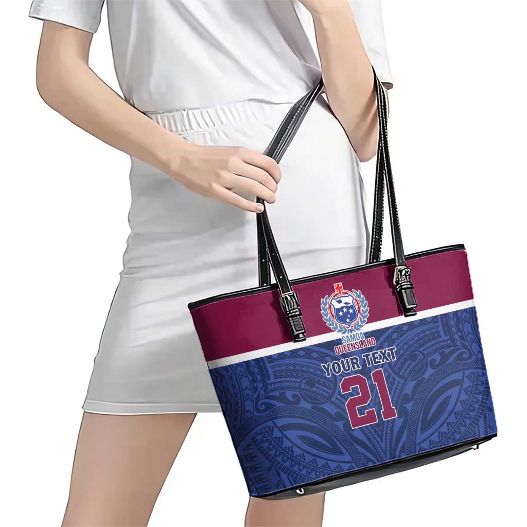 Queensland Samoa Custom Leather Tote Bag Maroon-Blue Pacific Polynesian Tribal Pattern LT9 - Polynesian Pride