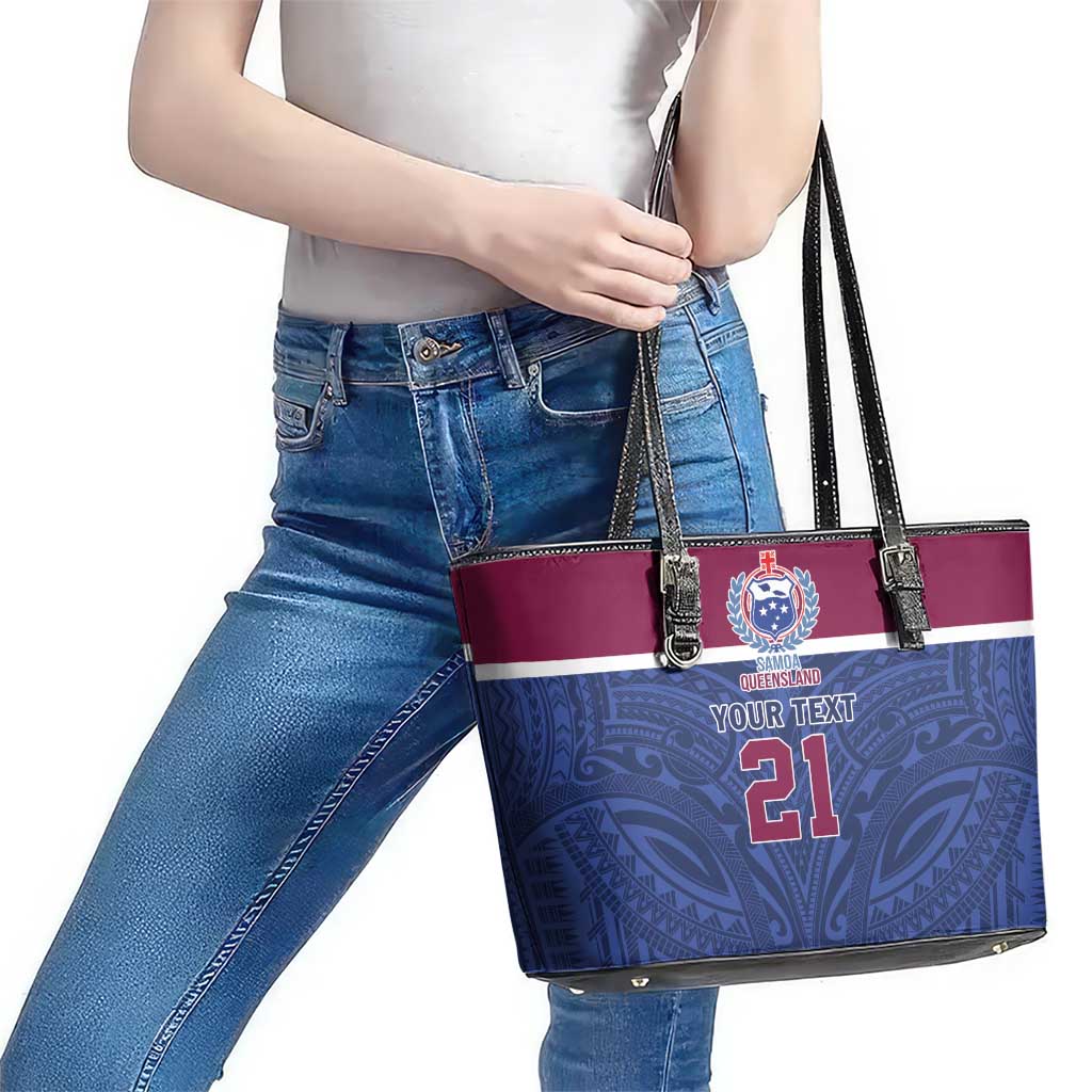 Queensland Samoa Custom Leather Tote Bag Maroon-Blue Pacific Polynesian Tribal Pattern LT9 - Polynesian Pride