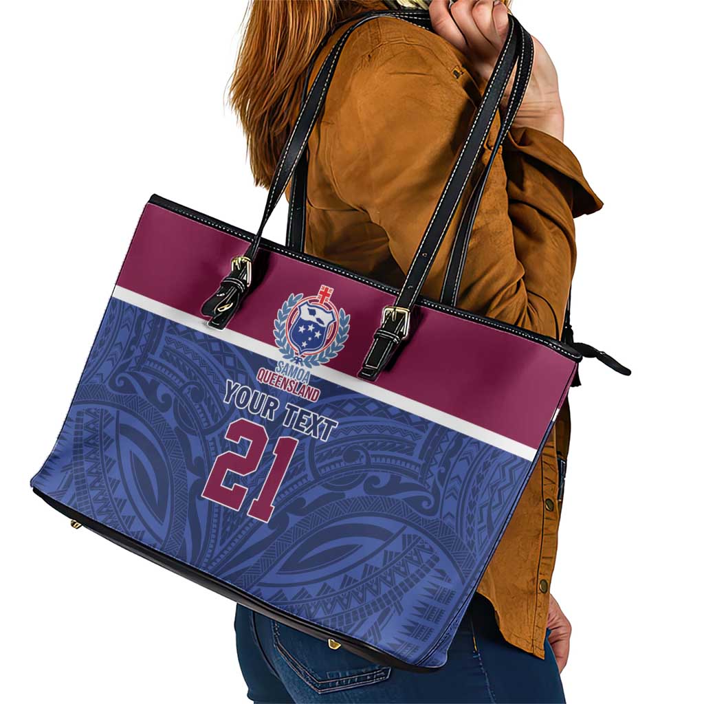 Queensland Samoa Custom Leather Tote Bag Maroon-Blue Pacific Polynesian Tribal Pattern LT9 - Polynesian Pride