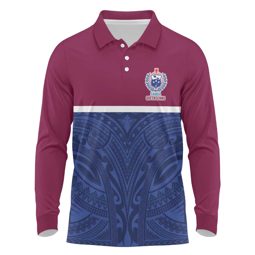 Queensland Samoa Custom Long Sleeve Polo Shirt Maroon-Blue Pacific Polynesian Tribal Pattern LT9 Dark Blue - Polynesian Pride