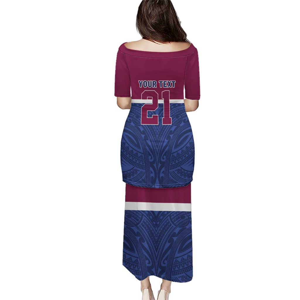 Queensland Samoa Custom Puletasi Maroon-Blue Pacific Polynesian Tribal Pattern