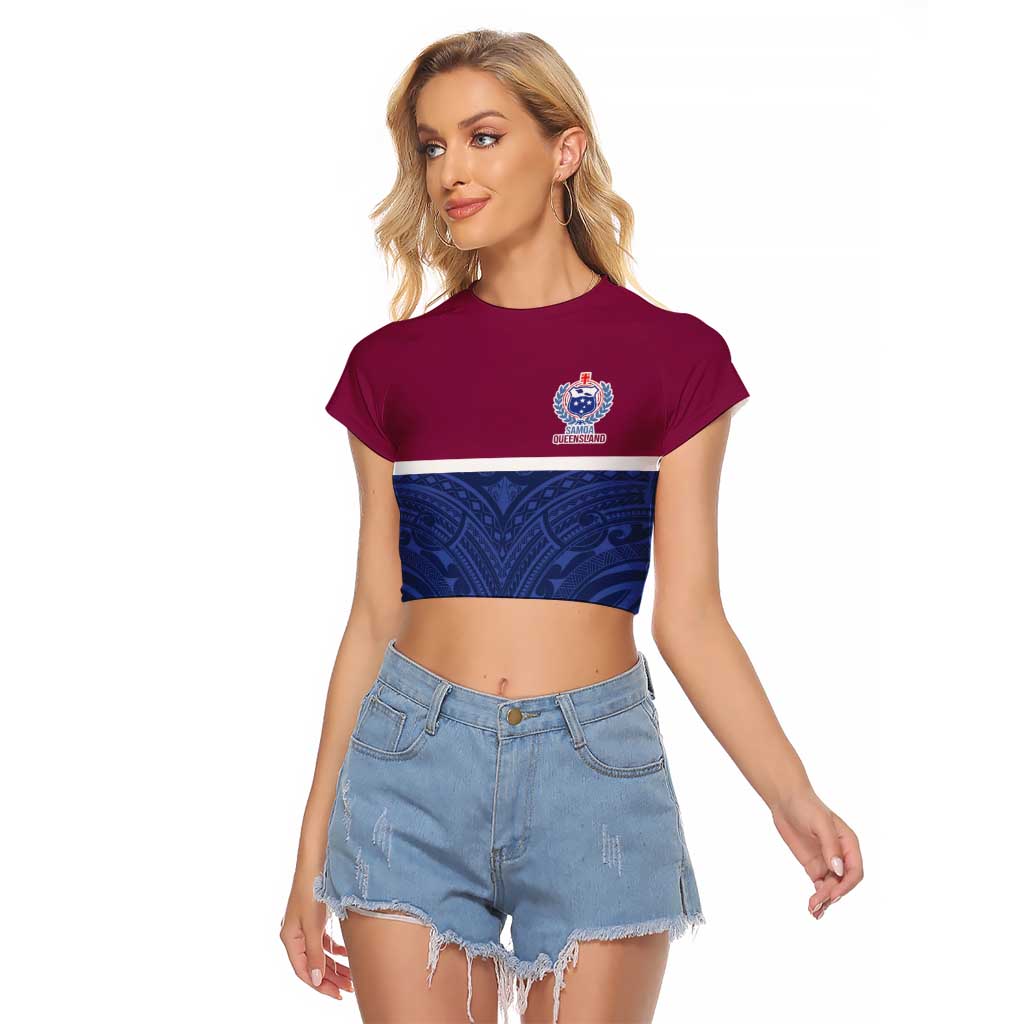 Queensland Samoa Custom Raglan Cropped T Shirt Maroon-Blue Pacific Polynesian Tribal Pattern LT9 Female Dark Blue - Polynesian Pride