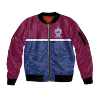 Queensland Samoa Custom Sleeve Zip Bomber Jacket Maroon-Blue Pacific Polynesian Tribal Pattern LT9 Unisex Dark Blue - Polynesian Pride