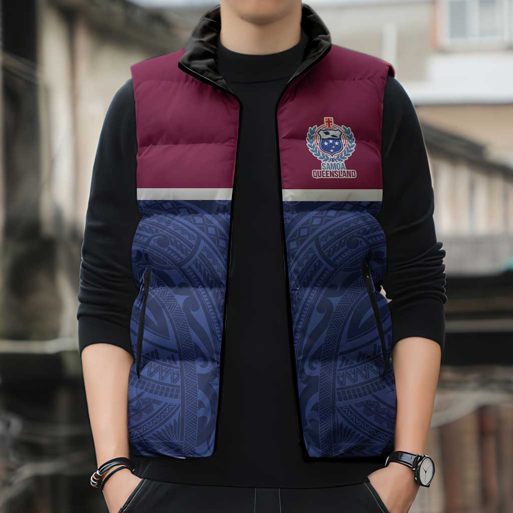 Queensland Samoa Custom Sleeveless Puffer Jacket Maroon-Blue Pacific Polynesian Tribal Pattern - Polynesian Pride