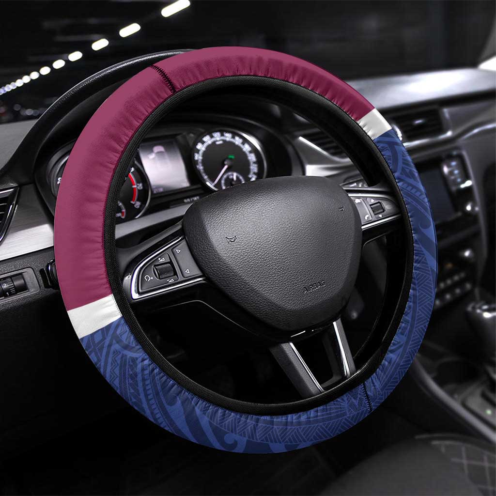 Queensland Samoa Steering Wheel Cover Maroon-Blue Pacific Polynesian Tribal Pattern LT9 Universal Fit Dark Blue - Polynesian Pride