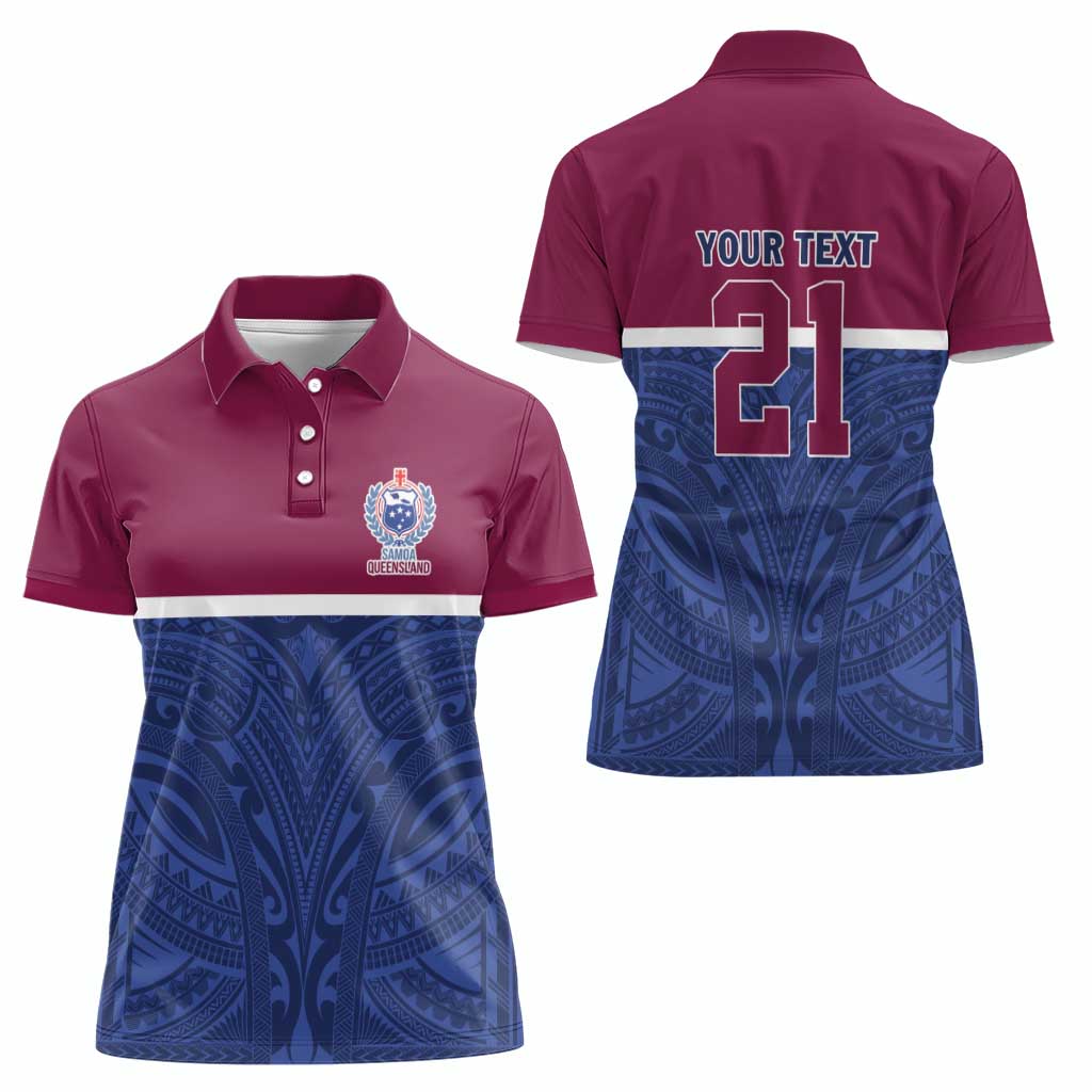 Queensland Samoa Custom Women Polo Shirt Maroon-Blue Pacific Polynesian Tribal Pattern