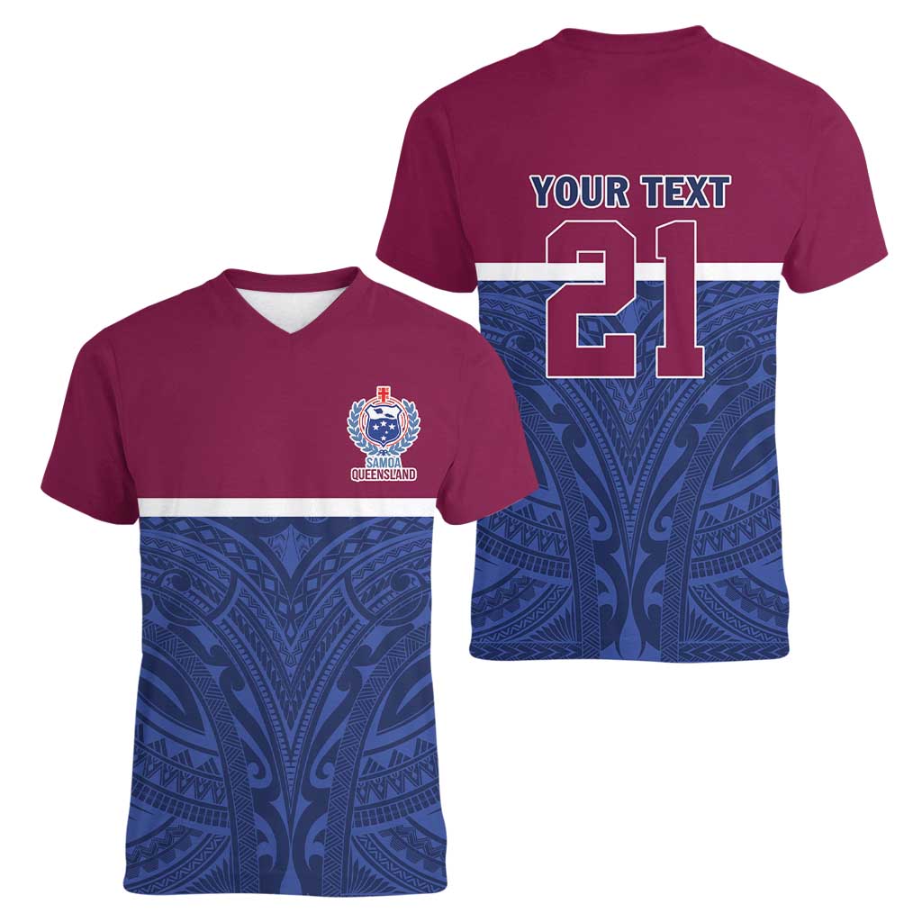 Queensland Samoa Custom Women V-Neck T-Shirt Maroon-Blue Pacific Polynesian Tribal Pattern