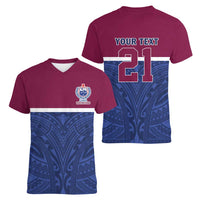 Queensland Samoa Custom Women V-Neck T-Shirt Maroon-Blue Pacific Polynesian Tribal Pattern