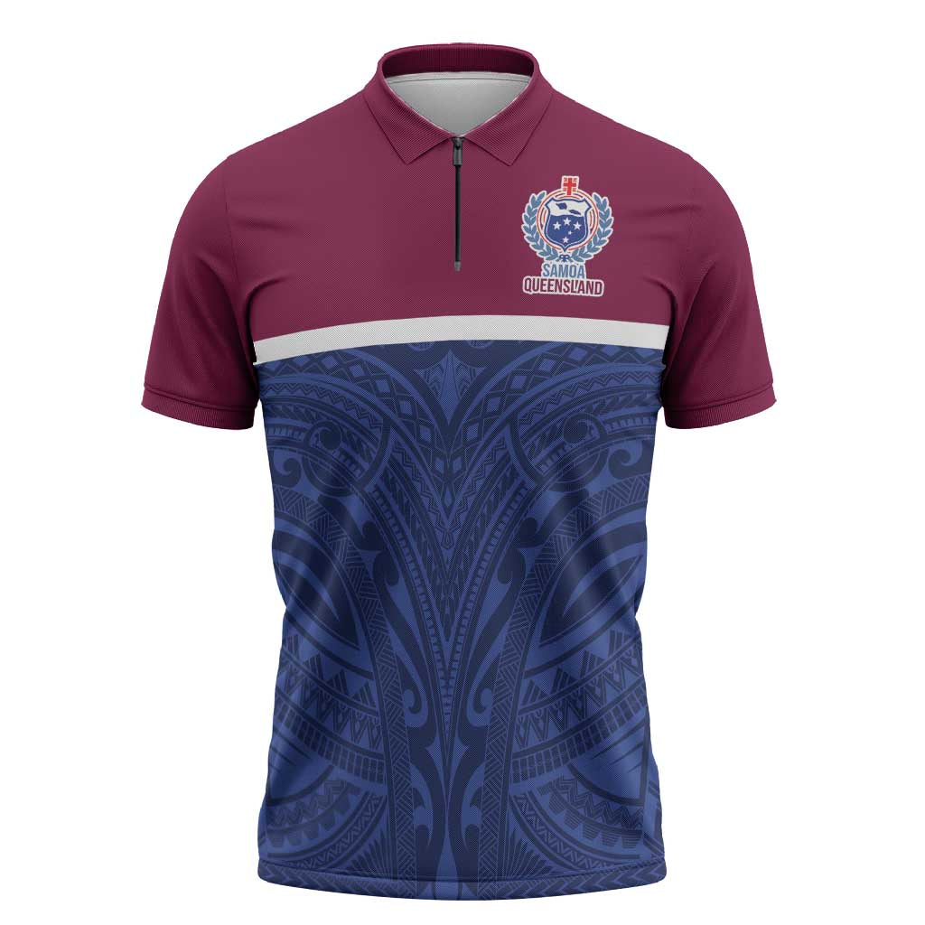 Queensland Samoa Custom Zipper Polo Shirt Maroon-Blue Pacific Polynesian Tribal Pattern - Polynesian Pride