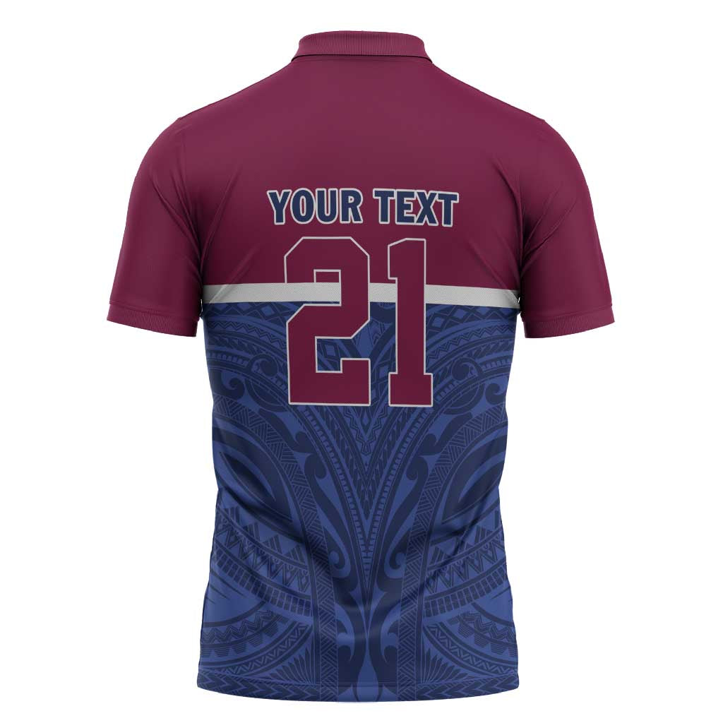 Queensland Samoa Custom Zipper Polo Shirt Maroon-Blue Pacific Polynesian Tribal Pattern - Polynesian Pride