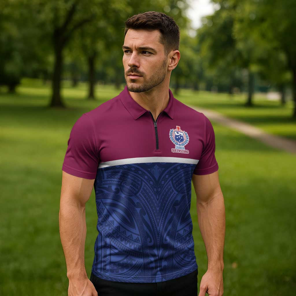 Queensland Samoa Custom Zipper Polo Shirt Maroon-Blue Pacific Polynesian Tribal Pattern - Polynesian Pride