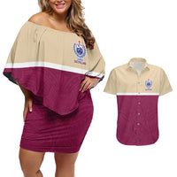 Queensland Samoa Custom Couples Matching Off Shoulder Short Dress and Hawaiian Shirt Maroon Pacific Polynesian Tribal Pattern