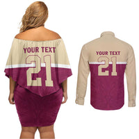 Queensland Samoa Custom Couples Matching Off Shoulder Short Dress and Long Sleeve Button Shirt Maroon Pacific Polynesian Tribal Pattern