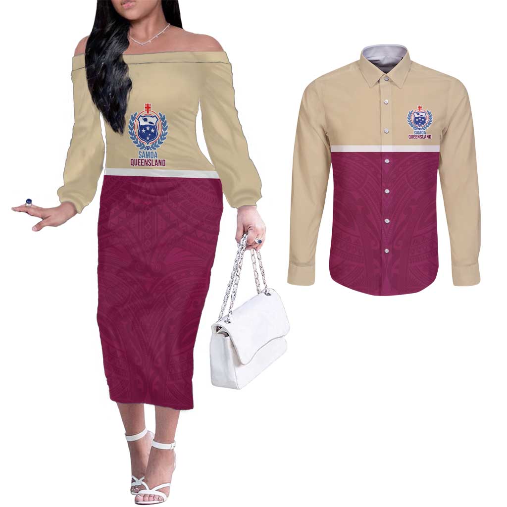 Queensland Samoa Custom Couples Matching Off The Shoulder Long Sleeve Dress and Long Sleeve Button Shirt Maroon Pacific Polynesian Tribal Pattern