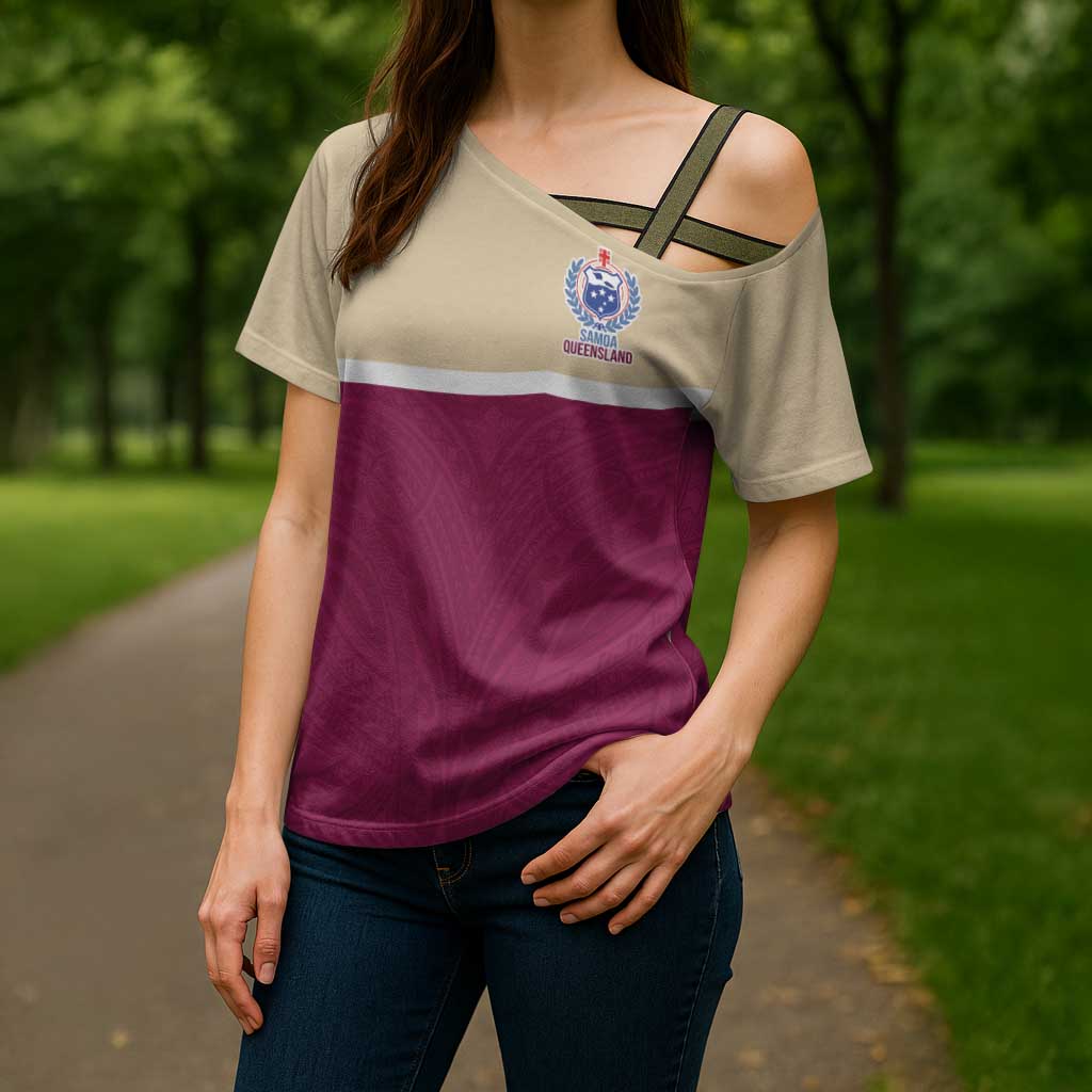 Queensland Samoa Custom Cross Shoulder Shirt Maroon Pacific Polynesian Tribal Pattern - Polynesian Pride