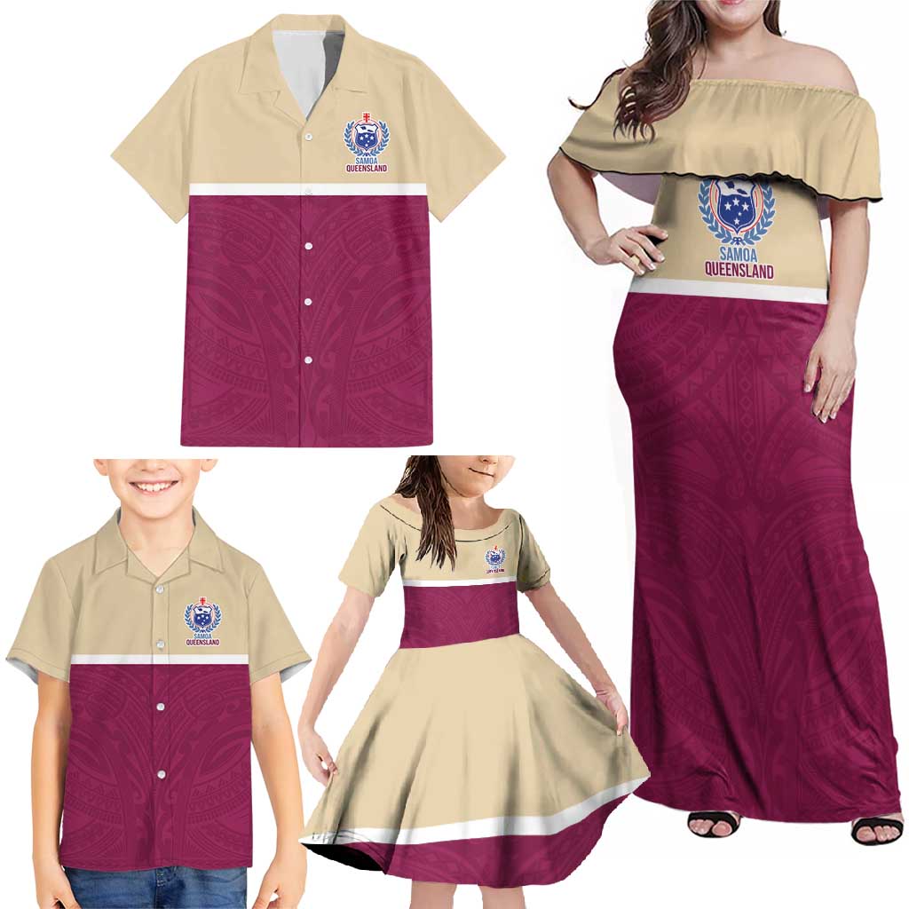 Queensland Samoa Custom Family Matching Off Shoulder Maxi Dress and Hawaiian Shirt Maroon Pacific Polynesian Tribal Pattern