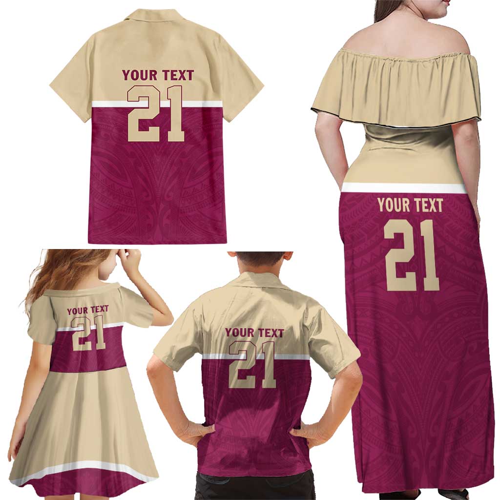 Queensland Samoa Custom Family Matching Off Shoulder Maxi Dress and Hawaiian Shirt Maroon Pacific Polynesian Tribal Pattern