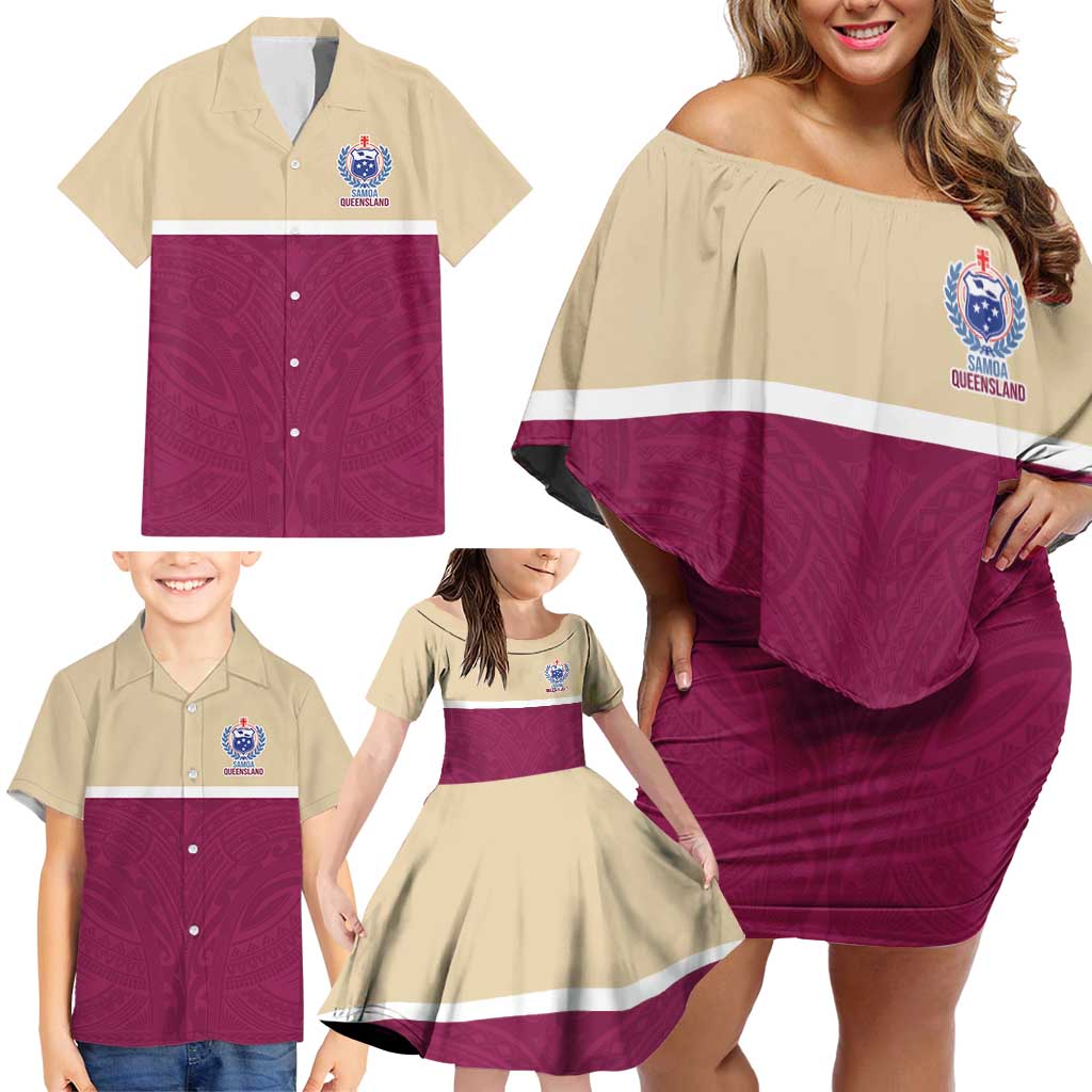 Queensland Samoa Custom Family Matching Off Shoulder Short Dress and Hawaiian Shirt Maroon Pacific Polynesian Tribal Pattern