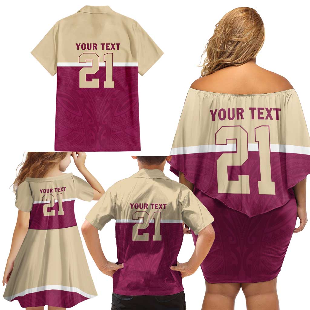 Queensland Samoa Custom Family Matching Off Shoulder Short Dress and Hawaiian Shirt Maroon Pacific Polynesian Tribal Pattern
